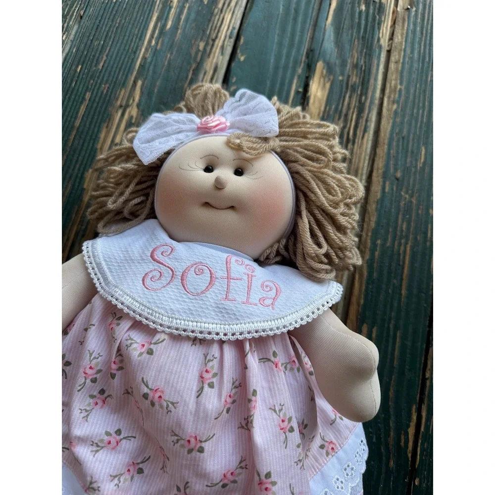 Handmade Sofia Personalized Rag Doll Pink Floral Dress Lace‎ Trim Plush 15 Inch